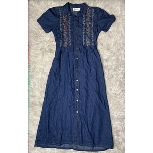 Vintage 90s Button down denim dress floral embroidery maxi midi size S